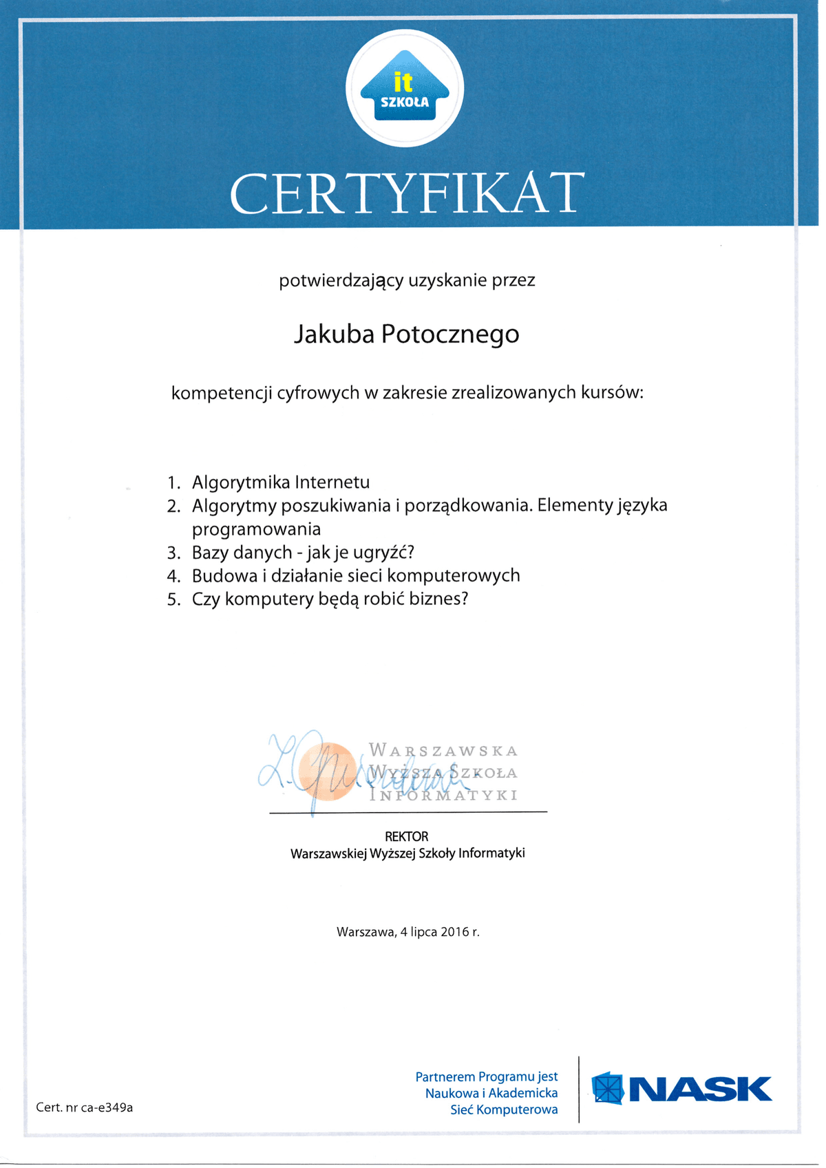 Certyfikat IT Szkola - Kompetencje cyfrowe