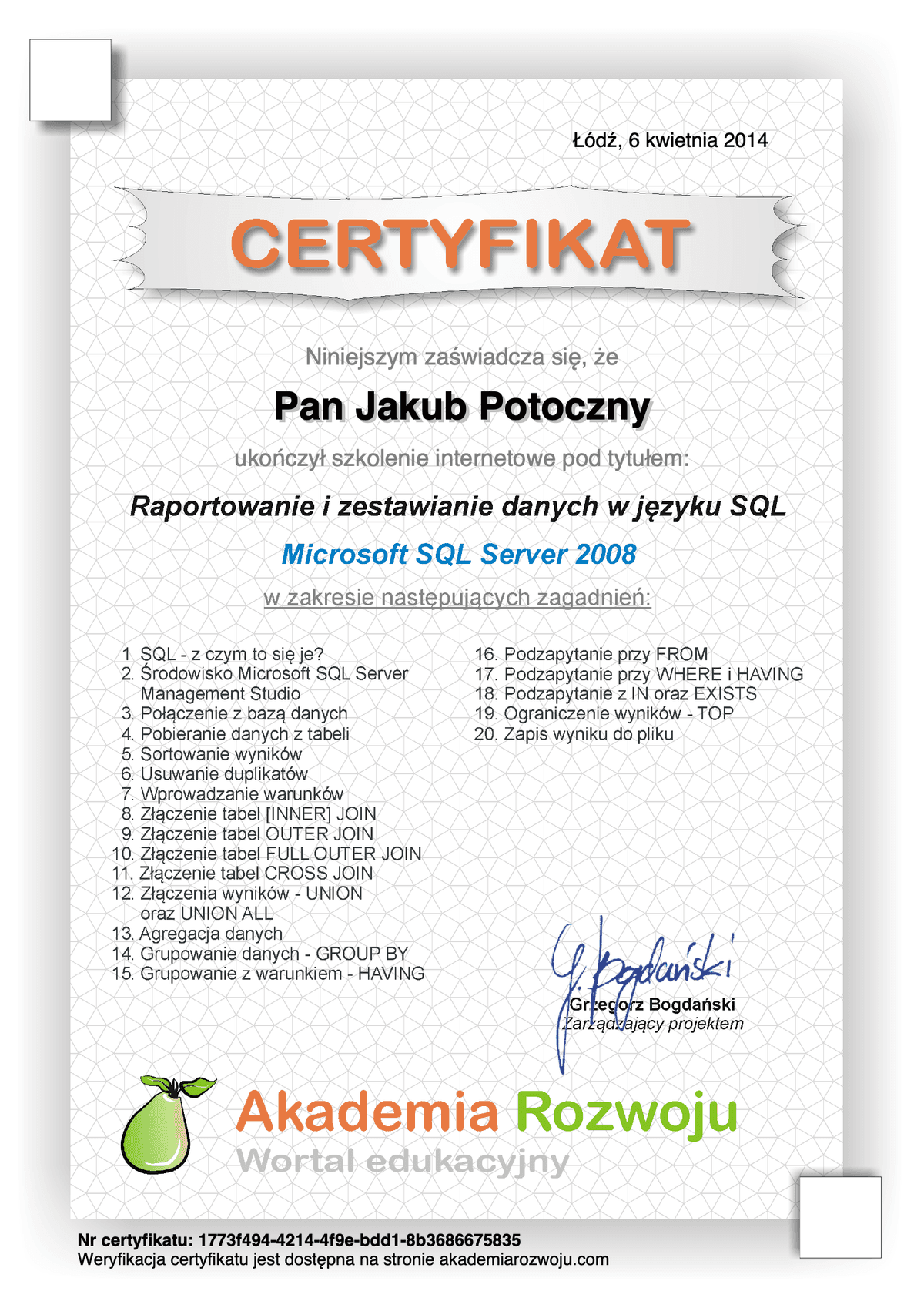 Raportowanie i zestawianie danych w jezyku SQL