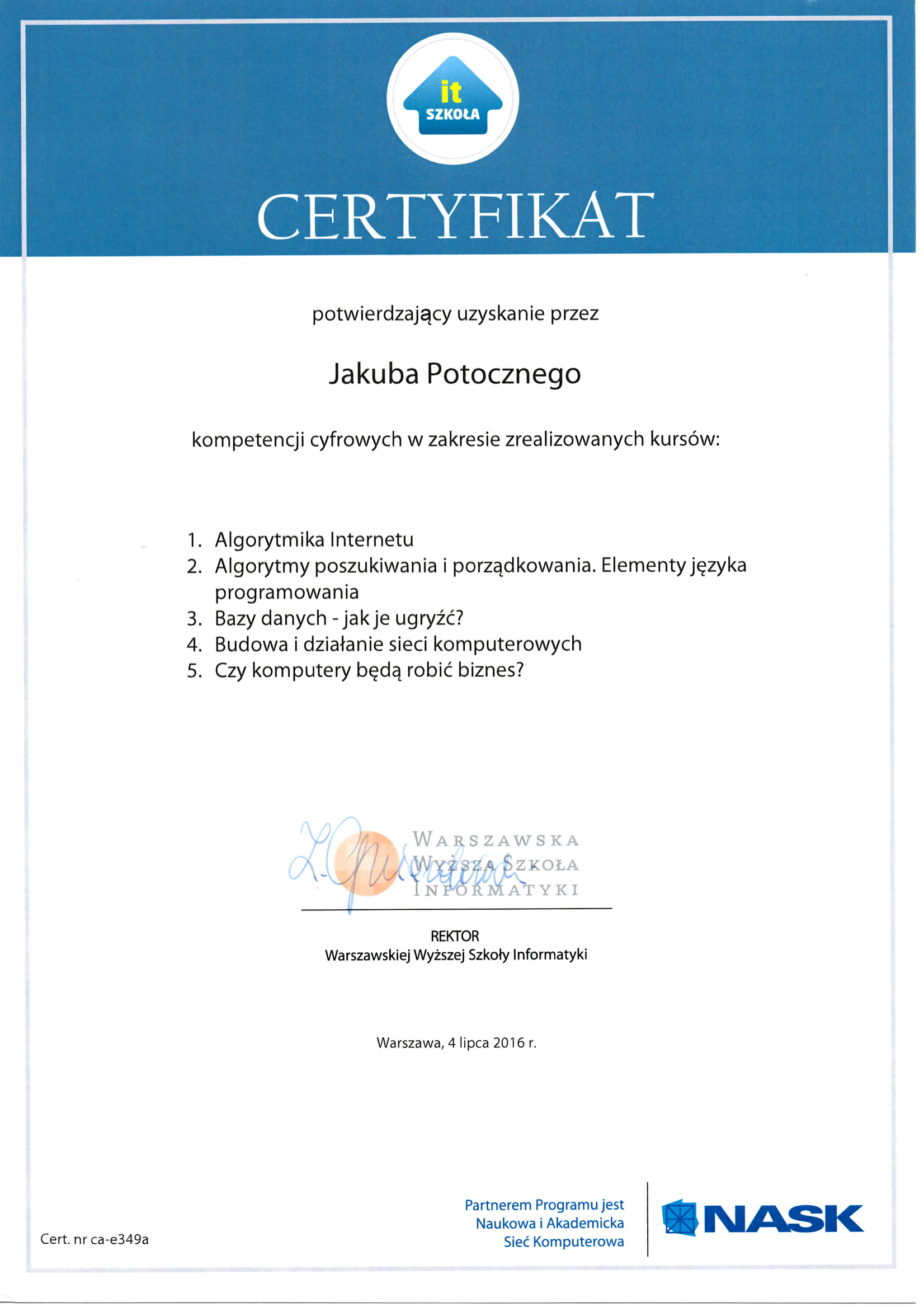 Certyfikat IT Szkola - Kompetencje cyfrowe